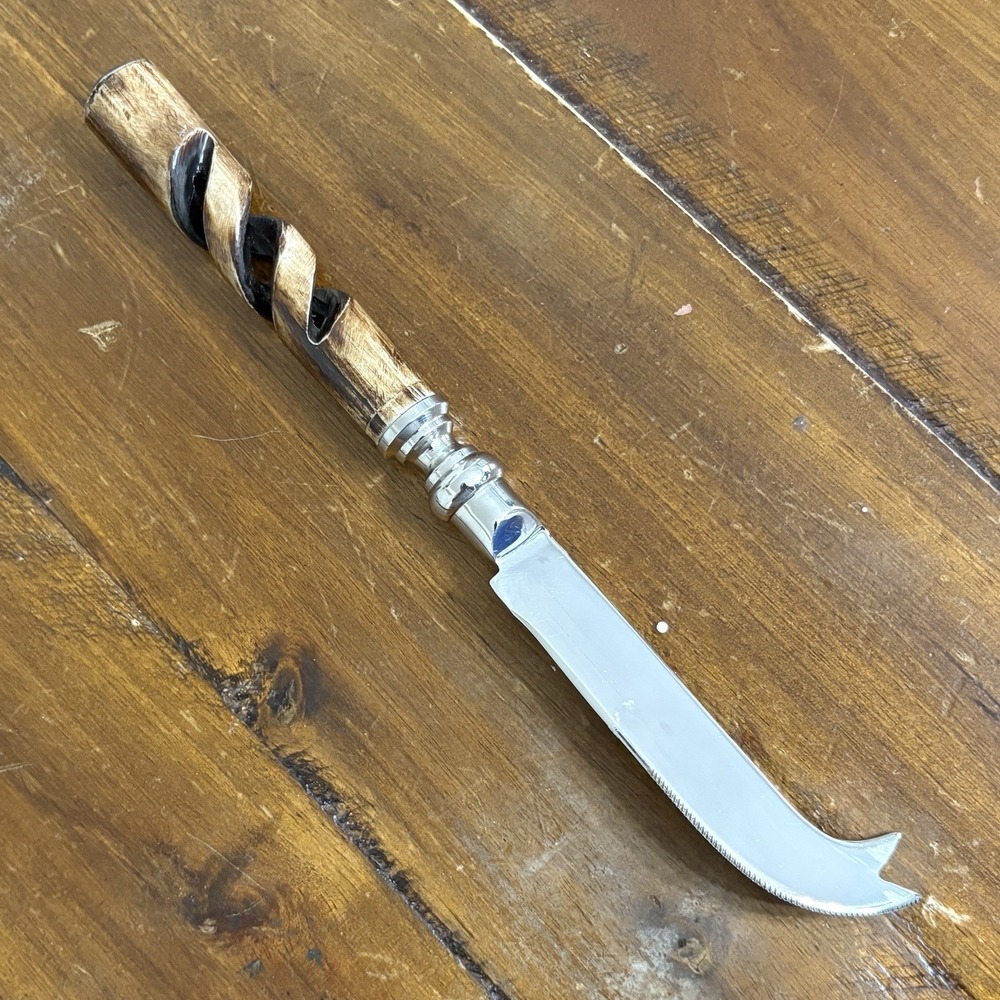 Natural Horn Handle Cheese Charcuterie Knife Stainless Steel Carved Spiral 9.5"
